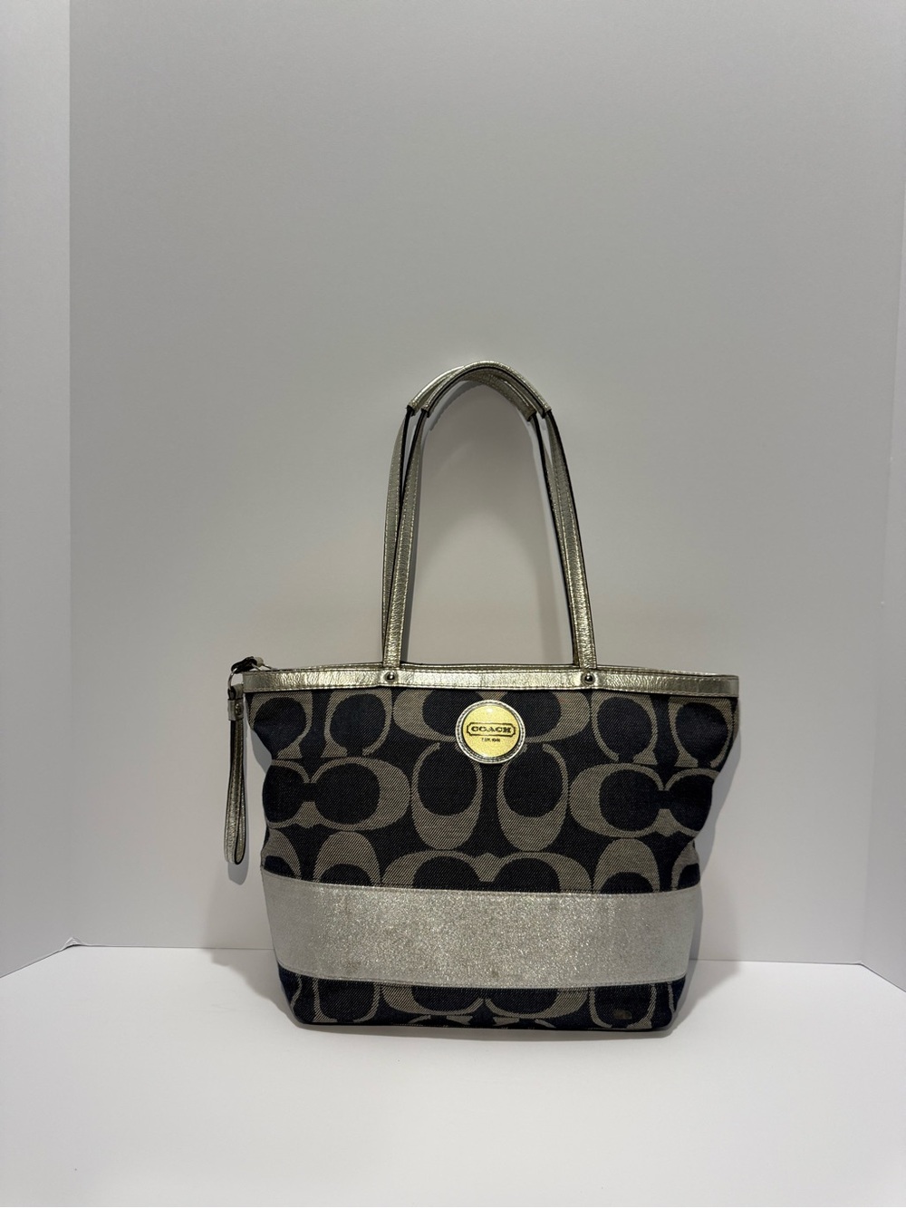 Vintage Coach Signature Stripe tote black denim and trimmed silver leather